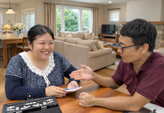 自宅リビングでサポートを受けているイメージ